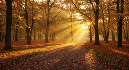 Naklejka premium Golden Autumn Sunlight in Forest Path with Falling Leaves.