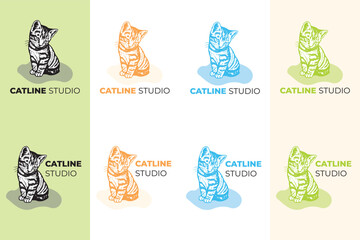 Multiple variations of a minimalist cat logo for 'CATLINE STUDIO' in various color schemes and backgrounds.