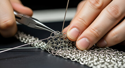 Crafting chainmail jewelry artisan workshop tutorial video indoor environment close-up view creative process