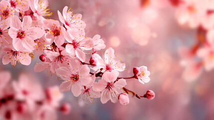 Obraz premium Beautiful cherry blossom (sakura) flowers in a soft pink color against a blurred spring background