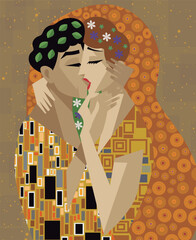 romantic couple kissing with yellow veil and ornamental patterns