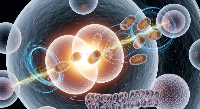 Cell division process microbiology lab scientific illustration molecular biology close-up advanced research concepts
