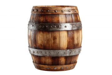 Wooden barrel with metal bands and rivets isolated on a transparent background timber