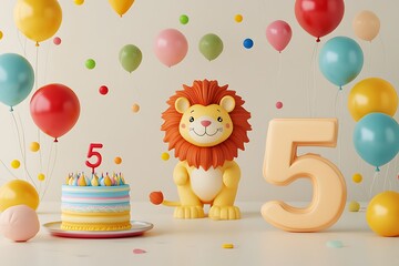 Obraz premium Colorful 3D balloons in red, blue, yellow, and green floating around a cheerful cartoon lion beside a cake with a big number 5 candle, perfect for a kid's birthday
