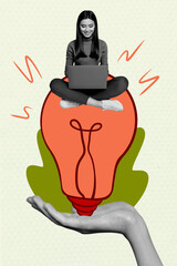Trend artwork sketch montage 3D collage of hand hold idea light bulb young lady sit work laptop...