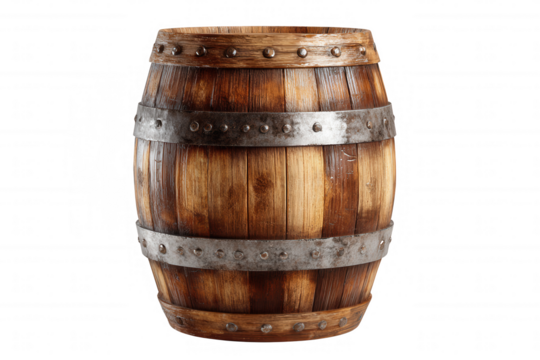 Wooden barrel with metal bands and rivets isolated on a transparent background timber