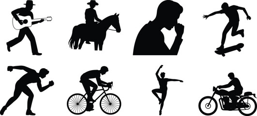 Silhouette activity icons, guitar player, horse rider, skateboard trick, ballet dancer, runner, cyclist, motorcycle rider, thoughtful pose, sports motion