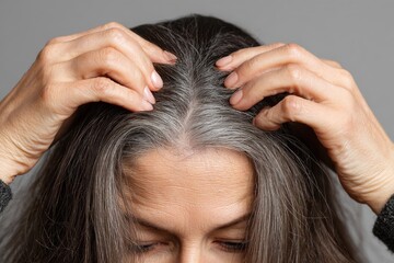 Fototapeta premium A woman with gray hair is scratching her head. She has a black shirt on