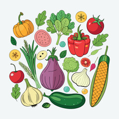 Colorful cartoon vegetables illustration, flat style, isolated on white background