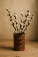 A collection of pussy willows stems are in an old rustic can