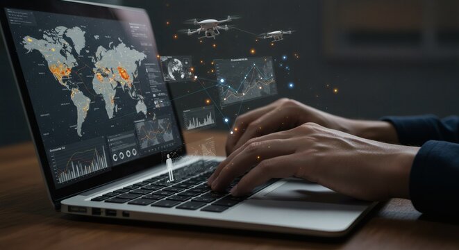 Hands typing on laptop displaying global network and drone technology.