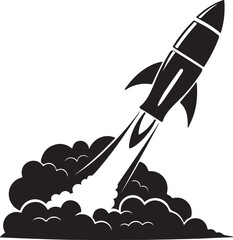 Tech startup rocket launch black icon, flat vector silhouette