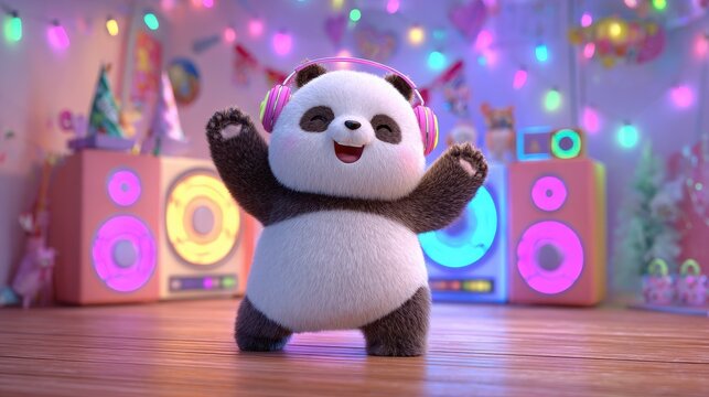 A cute panda is dancing in front of a speaker, wearing pink headphones. The panda is wearing headphones and he is enjoying the music