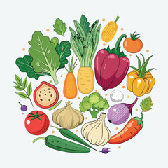 Colorful cartoon vegetables illustration, flat style, isolated on white background