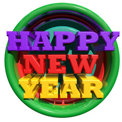 Happy new year text in colorful 3d letters inside a circular frame