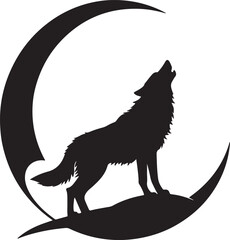 Wolf howling at crescent moon black clipart, flat vector silhouette