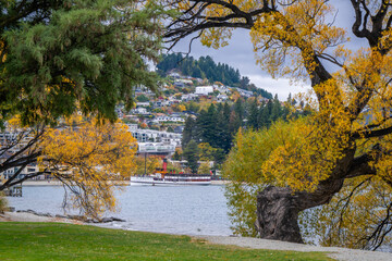 beautiful scenic view of colorful autumn leaves tree in the city with ducks , cruise , park ,people ,  snow cap mountain ,Queenstown south island New Zealand  