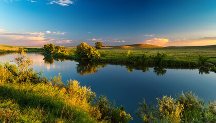 River Landscape In Kazakhstan Showing Calm Waters And Lush Greenery During The Evening Light
