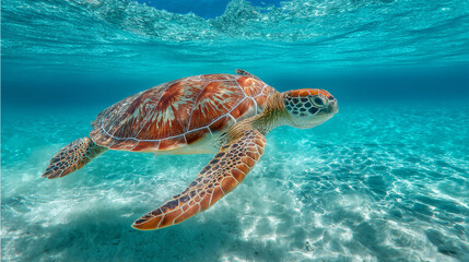 Obraz premium A sea turtle gliding gracefully through crystal-clear turquoise ocean water