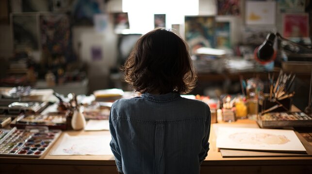 entrepreneur. An entrepreneur works at a minimalist desk with artistic tools in a clean, inspiring workspace with soft lighting. pitch deck slides.