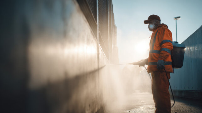 Sanitation worker in protective gear using high pressure sprayer to disinfect outdoor surfaces in sunlight - Powered by Adobe