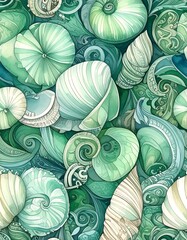 Seashell pattern with swirling teal and mint greens