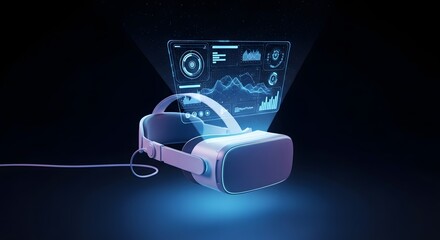 Futuristic virtual reality headset and digi interface, representing advanced metaverse technology and data visualization