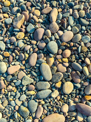 Colorful pebbles scattered across a beach forming a natural mosaic in the sunlight during a clear day by the ocean