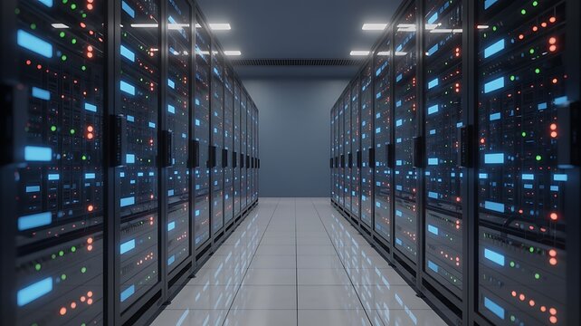 Rows of glowing servers in a modern data center with blue and orange lights illuminating the hallway, ai-generated