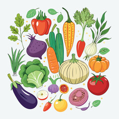 Colorful cartoon vegetables illustration, flat style, isolated on white background