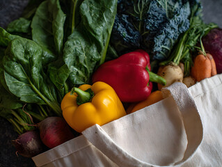 Fresh spinach yellow bell pepper red bell pepper kale beet carrot and parsnip in canvas tote bag showcasing healthy organic vegetables and eco friendly shopping