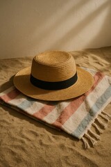 A woven hat rests elegantly on a striped textile in a sandy setting, creating a scene of relaxation and warmth. The shadows cast by the sunlight add a touch of visual interest.