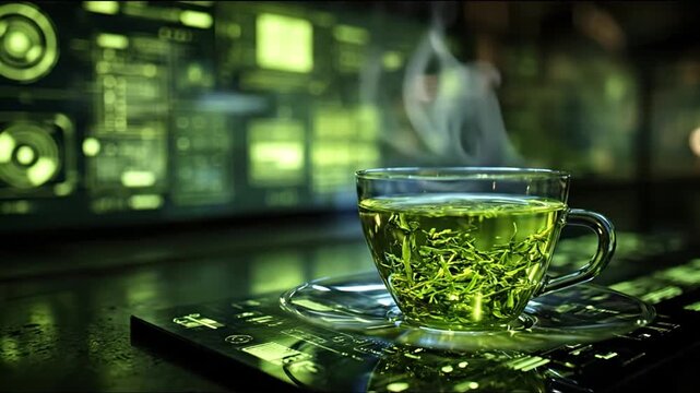 Hot green tea futuristic interior
