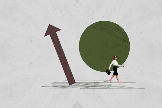 Collage with person observing rising arrow symbolizing startup growth business income statistics trading decrease increase