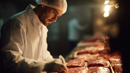 Man inspecting meat cuts in cold storage with tablet