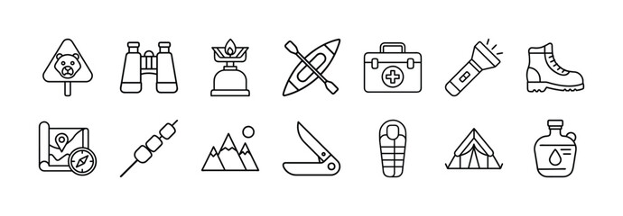 Vector art of outdoor adventure and camping equipment icons, including a map, compass, binoculars, tent, sleeping bag, kayak, and flashlight