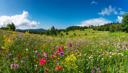Serene Meadow With Vibrant Blooms And Lush Greenery Under A Bright Blue Sky