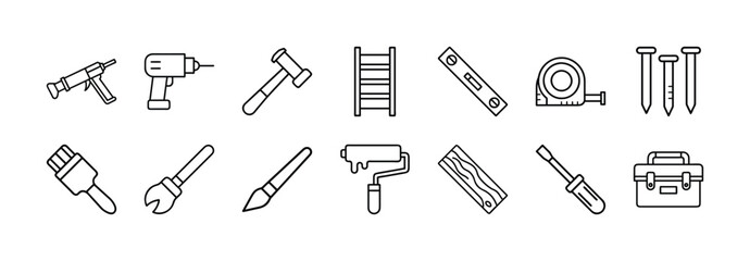 Vector art of collection of construction and diy tools, including a drill, hammer, ladder, paintbrushes, and toolbox