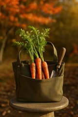 A garden harvest of carrots resting on a stool