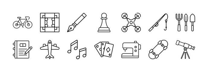 Hobby and leisure activity line icons set, Collection of simple line icons representing various hobbies and leisure activities including cycling, music, games, crafts, and outdoor exploration.
