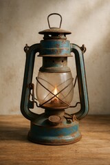 An old, weathered, blue lantern glows warmly on a wooden surface