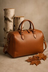 A stylish brown leather bag with autumn leaves and birch trees. The bag has a classic design, perfect for travel or everyday use, evoking a sense of style and sophistication