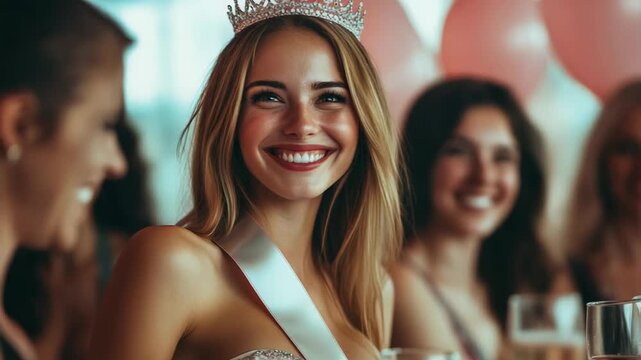 selective focus bride-to-be with sash and tiara