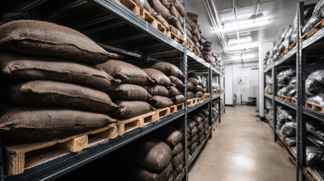 Boxes of raw meat stored on shelves in cold storage with a food inspector in protective clothing checking quality