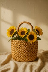 A woven basket filled with beautiful sunflowers placed on a light colored surface, casting a warm inviting glow