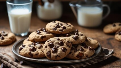 Delicious Chocolate Chip Cookies Piled High on a Plate with a Glass of Milk.