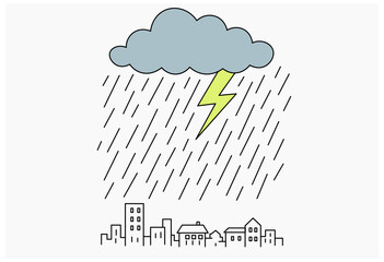 Thunderstorm over city heavy rain lightning cloud urban skyline weather disaster illustration