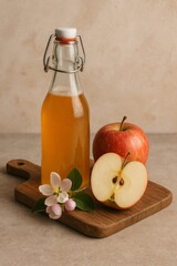 A bottle of apple cider vinegar sits beside a ripe apple. The apple is sliced to reveal the core, alongside some apple blossoms