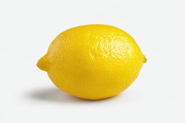 A single, ripe lemon sits on a white background, casting a subtle shadow. Its yellow skin is slightly textured