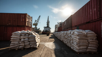 Stacks of rice sacks and shipping containers at a busy port with cranes and a cargo ship in the background under bright sunlight